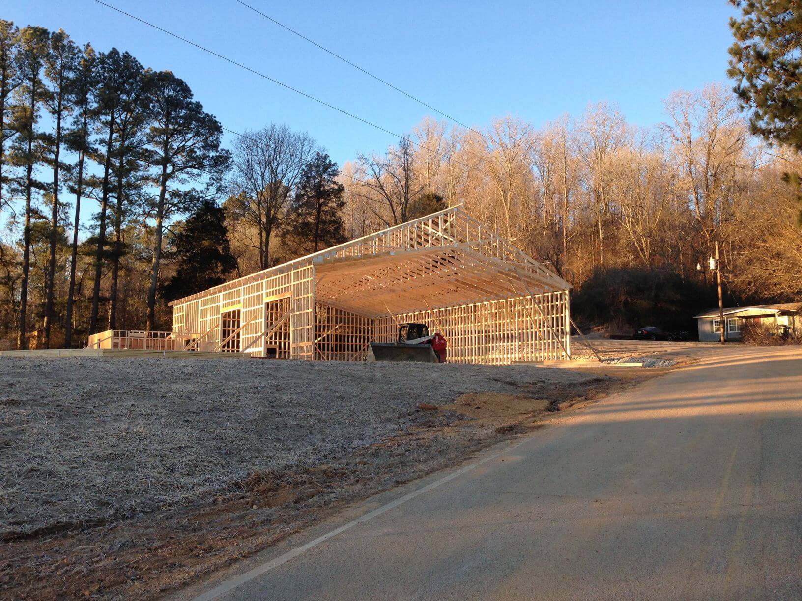 Wood frame and trusses on barn