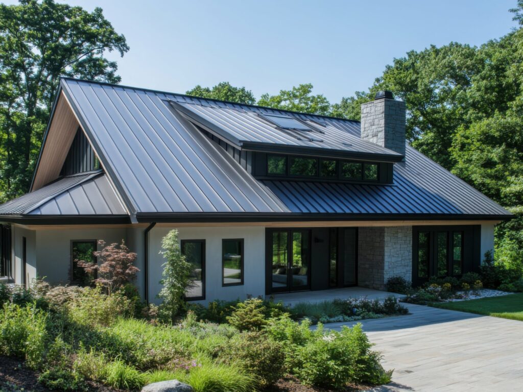A large modern home with metal roofing