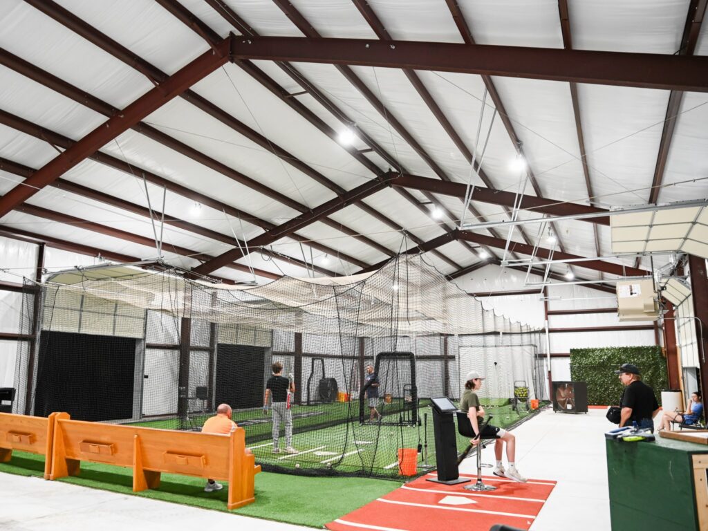 A recreational space inside of a steel frame building
