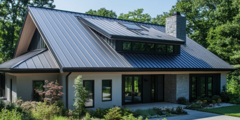 A large modern home with metal roofing